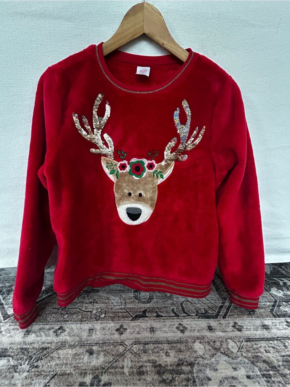 wonder nation Red Holiday Reindeer Plush Sweatshirt with Metallic Trim